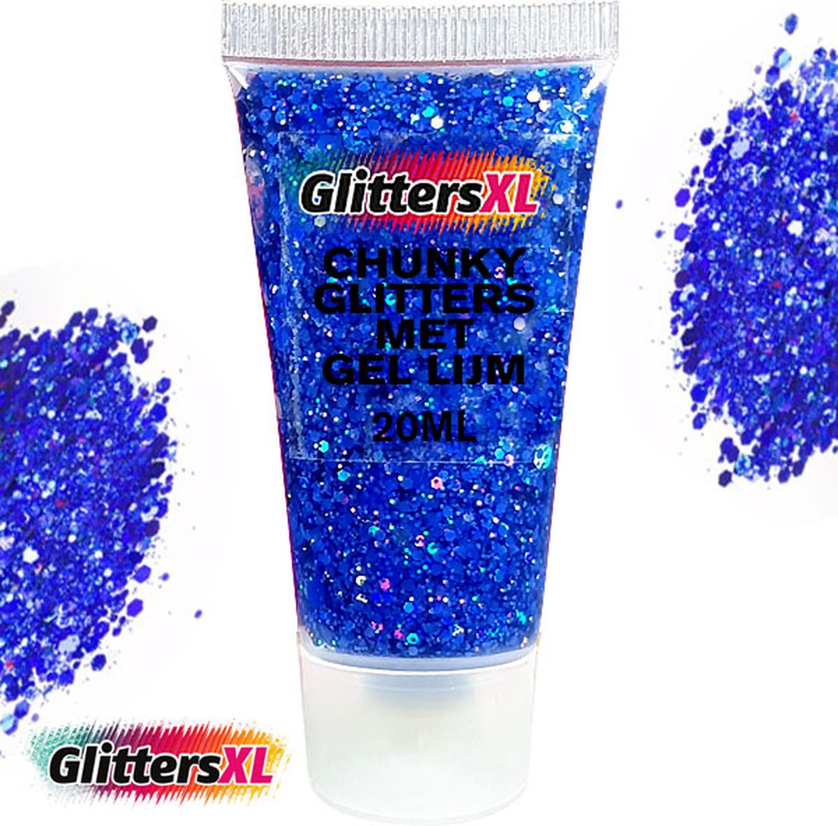 GlittersXL - Chunky Glitters met Gel Lijm Tube (Blauw) [Volume 20ML - Festival Jewels Glitter Outfit Lichaam en Gezicht - Make-up Diamond Dots Face Body - Diamantjes Strass Steentjes - Kinderen Volwassenen Dames Makeup Tattoo Mastix Schmink]